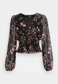 Vero Moda Vmrosa V Neck Smock - Long Sleeved Top - Black/Pink -Vero Moda 04f5100e0cb94fbeac900ca22934bdaf