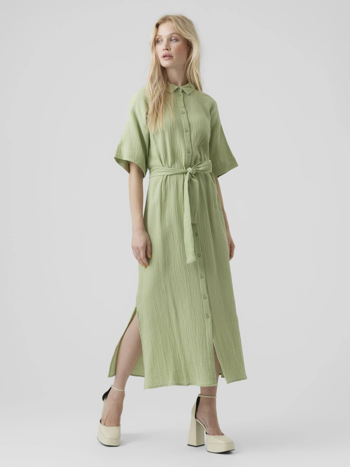 Vero Moda Vmnatali Nia 2/4 CalfWvn - Shirt Dress - Reseda 4 Vero Moda Vmnatali Nia 2/4 CalfWvn - Shirt Dress - Reseda - Image 2